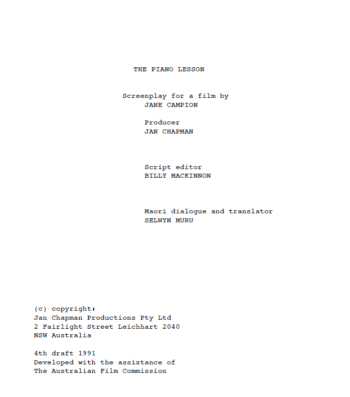 The Piano Movie Script / Screenplay PDF or Printed Copy